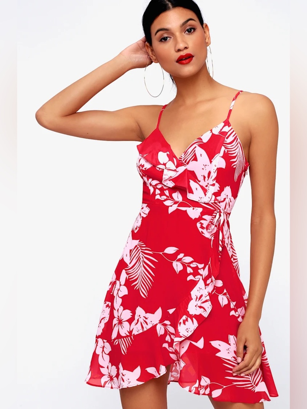 Islet It Be Red Tropical Print Ruffled Mini Dress